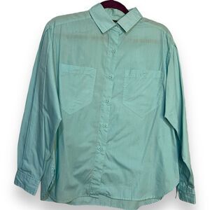 Pat Fashions INC Button Up Shirt Women's Large Blue Pockets VTG Academia Preppy